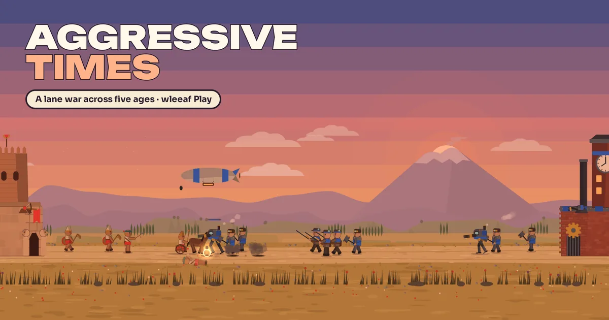 Aggressive Times: a bronze-age citadel and a steam-age ironworks face each other across a road at dusk; a war chariot meets a steam walker while a zeppelin drops bombs, and the sun sets behind a twin-peaked volcano