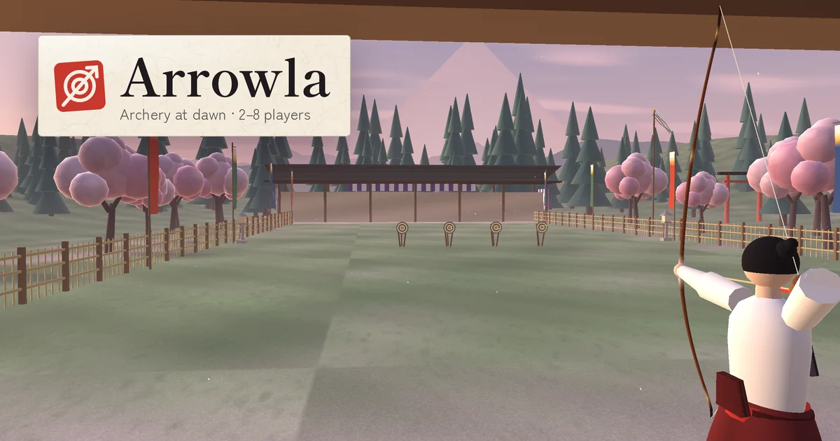 An archer at full draw in Arrowla’s kyūdō hall at dawn, cherry trees and banners along the range, the target faces on the line