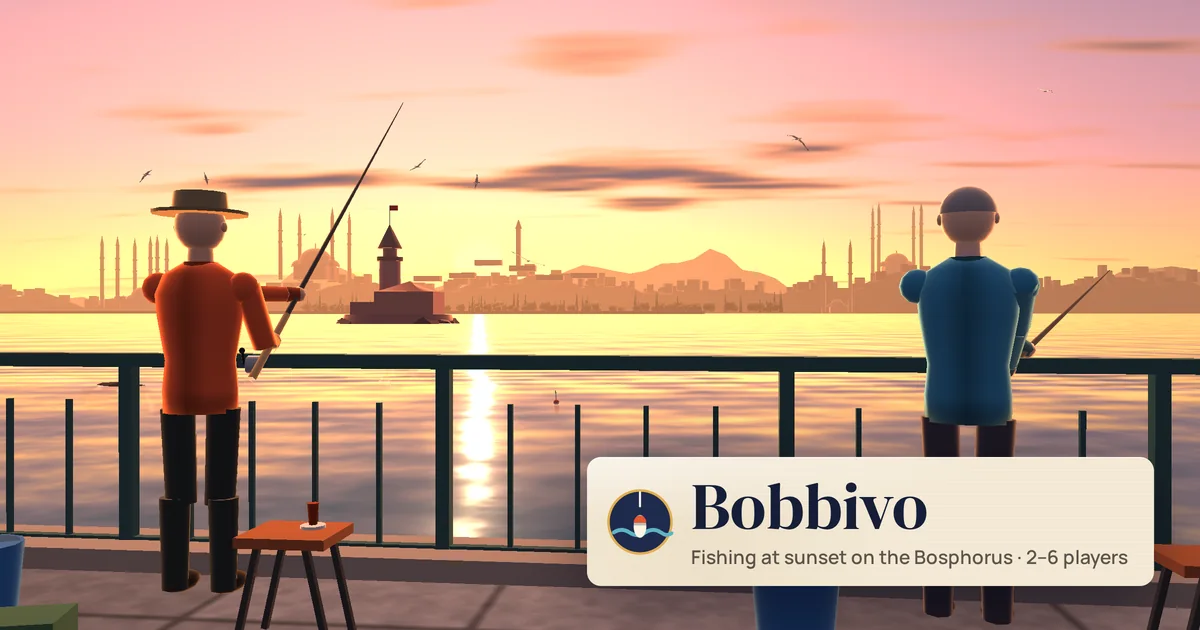 An angler at the rail of the Salacak promenade at sunset in Bobbivo, the Maiden’s Tower and the domes of Istanbul across the water, a float on the Bosphorus