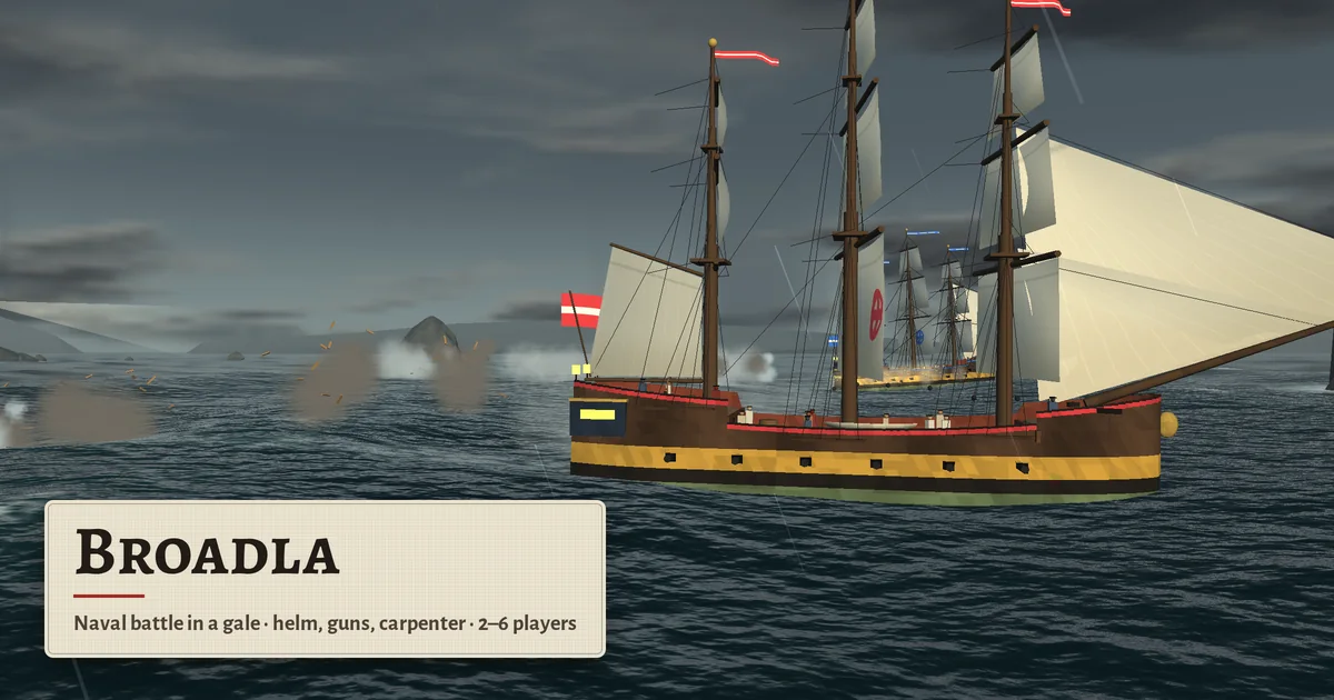 A frigate under full sail in Broadla, heeling in a grey-green storm sea under a low silver sun, smoke drifting from a broadside
