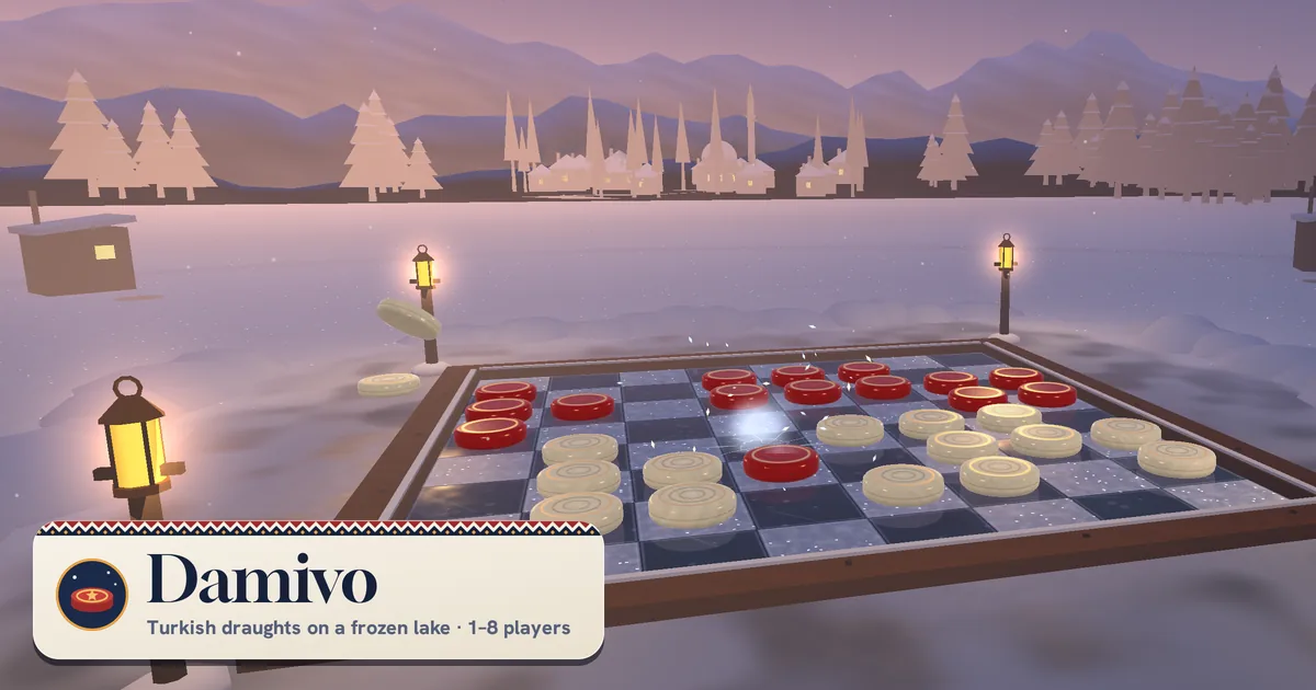 Damivo: a draughts board cut into the ice of a frozen lake at dusk, red and ivory lacquered pieces, lanterns burning at the corners and snowy mountains