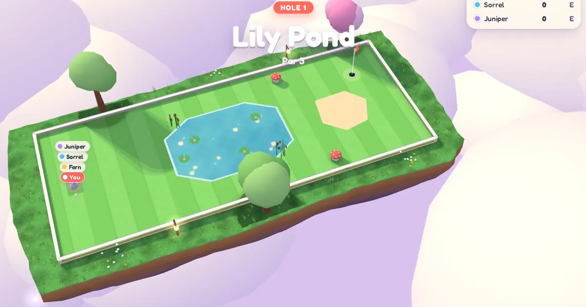 The Lily Pond hole in Delivo: a floating green with a pond and a sand bunker