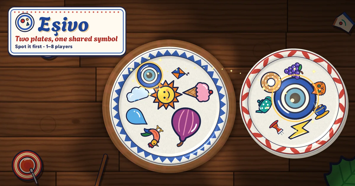 Eşivo: two hand-painted plates on a potter’s table, the middle one on the wheel; the symbol they share glows, with a tea glass, bowls of pigment and vine leaves around them