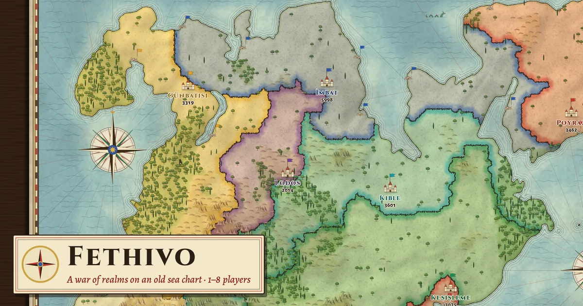Fethivo: realms painted in watercolour on a vellum sea chart, coasts and water-lines in ink, forests, mountains, walled towns and a compass rose
