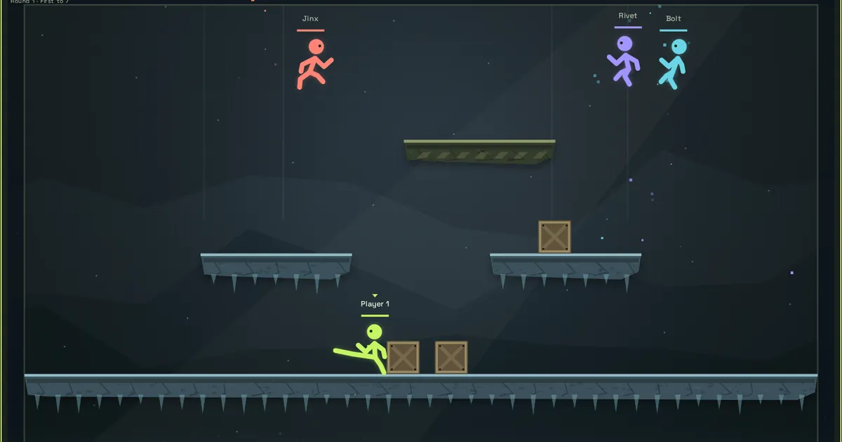 Stick fighters on floating platforms over icy water in Fightungen