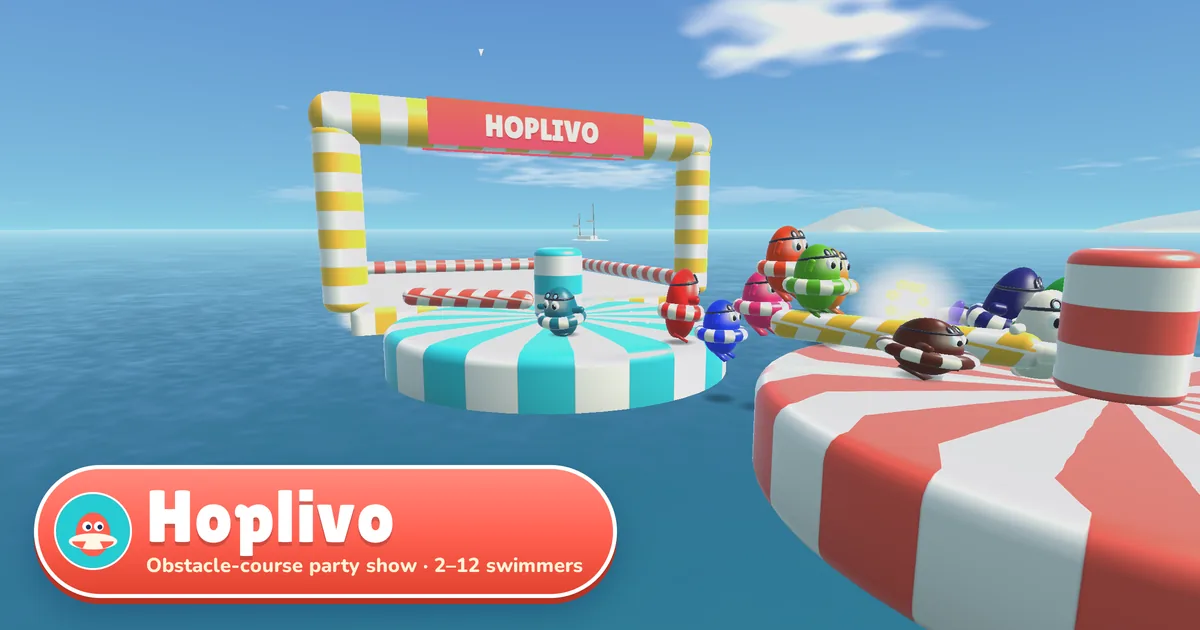 Hoplivo: round swimmers in striped swim rings leap a spinning arm between two striped inflatable islands under the HOPLIVO start arch, on a turquoise bay with islands on the horizon