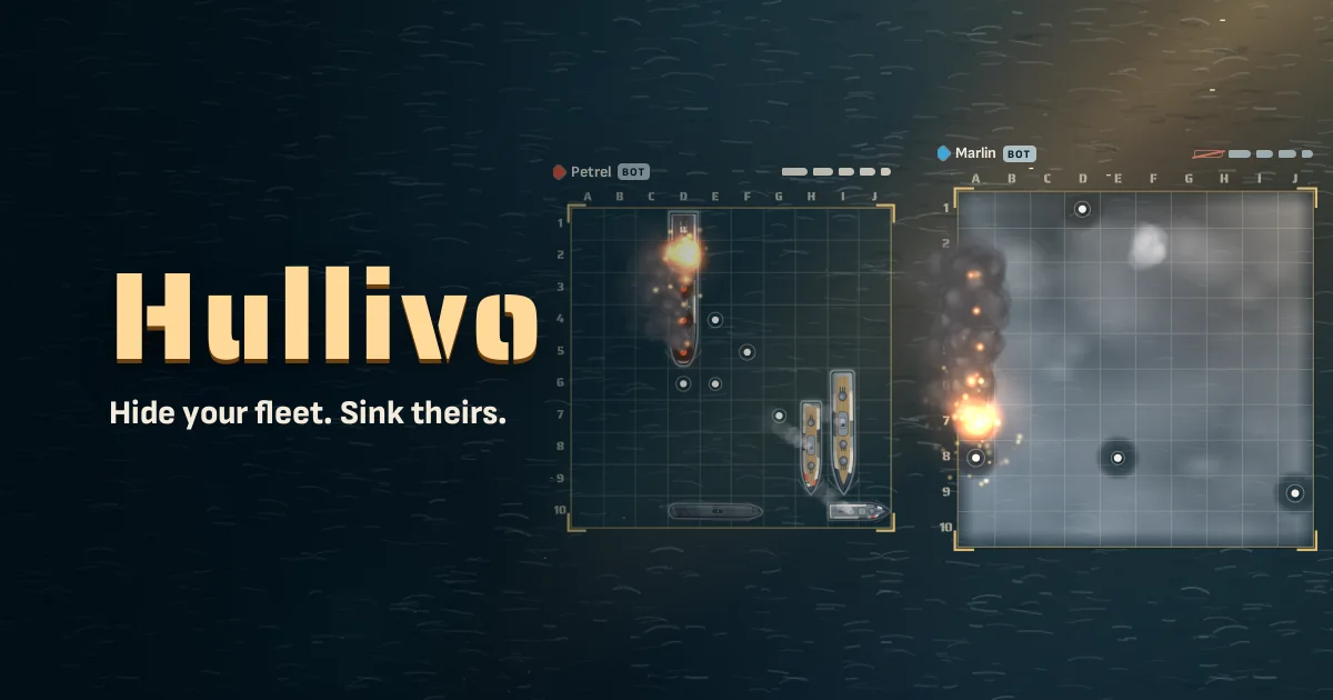 A Hullivo battle at sunset: dazzle-painted warships on a teal sea, a burning hit, white floats for misses and sea mist over the enemy grid