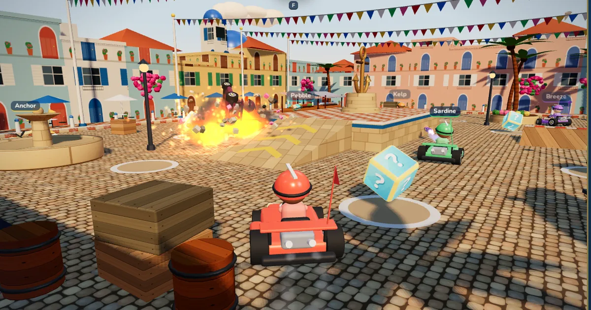 Karts battling on a harbour square in Kayivo, with an explosion and an item box
