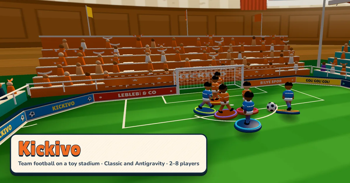 A Kickivo match on a toy stadium: painted footballers on round bases near the goal on a felt pitch, peg-doll fans behind the net and afternoon sun across the pitch