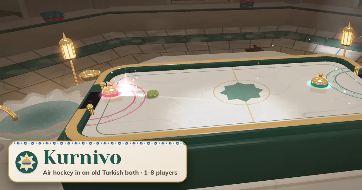 Kurnivo: a brass bath bowl strikes a green soap across a wet white marble air hockey table with a green star and brass rails, a marble basin and lanterns beside it in an old Turkish bath