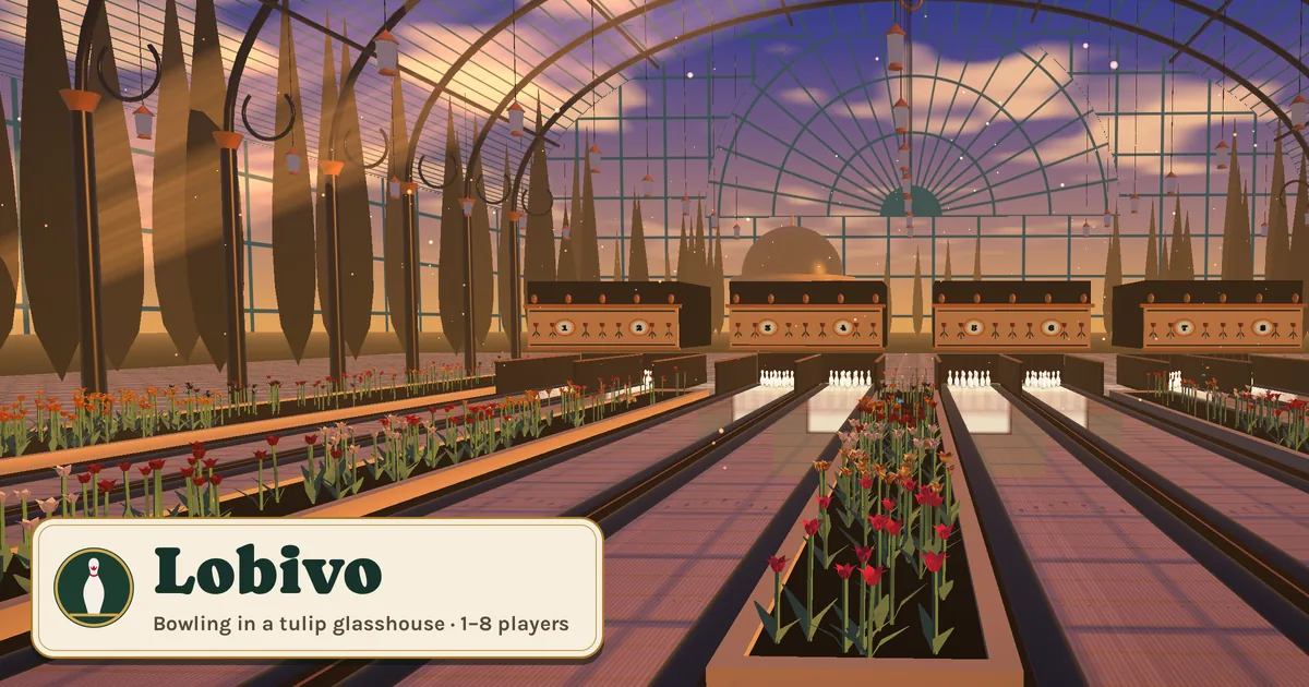 Lobivo: polished maple bowling lanes divided by tulip beds, white pins at the far end, a glass vault on green iron ribs, cypresses outside and the evening light