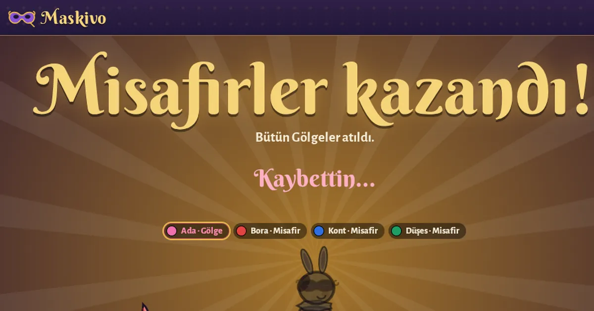 Maskivo’da oyun sonu: Misafirler kazandı yazısı ve maskeli karakterler