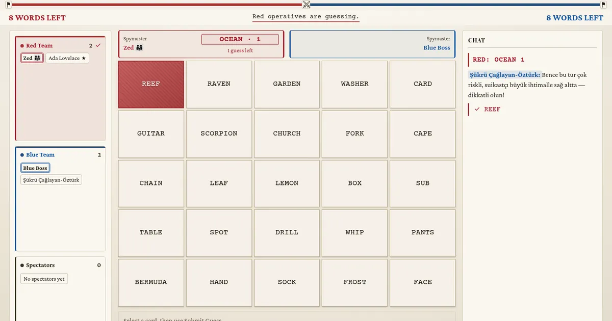 A Murmur board: a grid of word cards, the two teams and the clue log