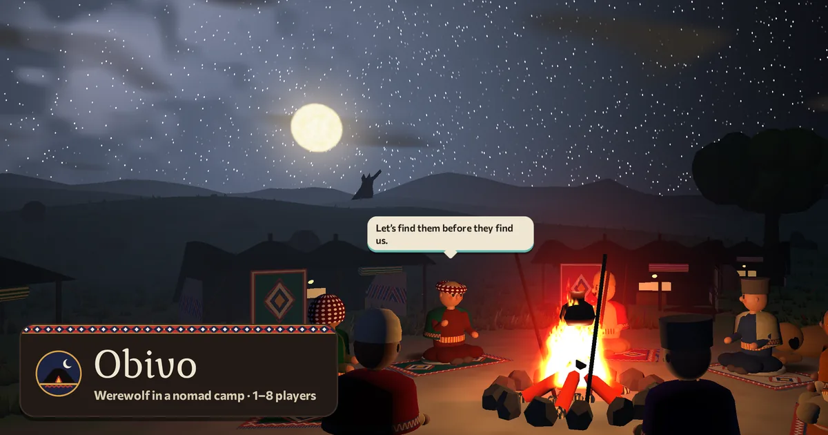 Obivo: a nomad camp on a summer pasture at night, people seated on kilims round a fire, black tents behind them, a full moon and stars