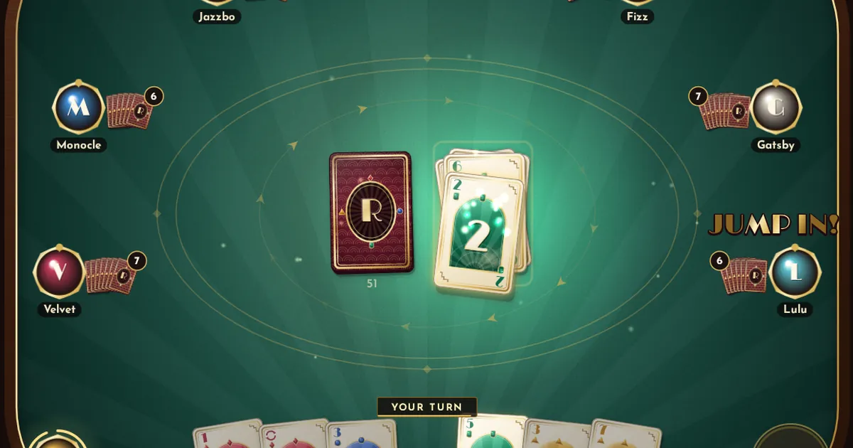 A Rengivo table: Art Deco cards on green velvet, the pile in the middle and a hand of cards