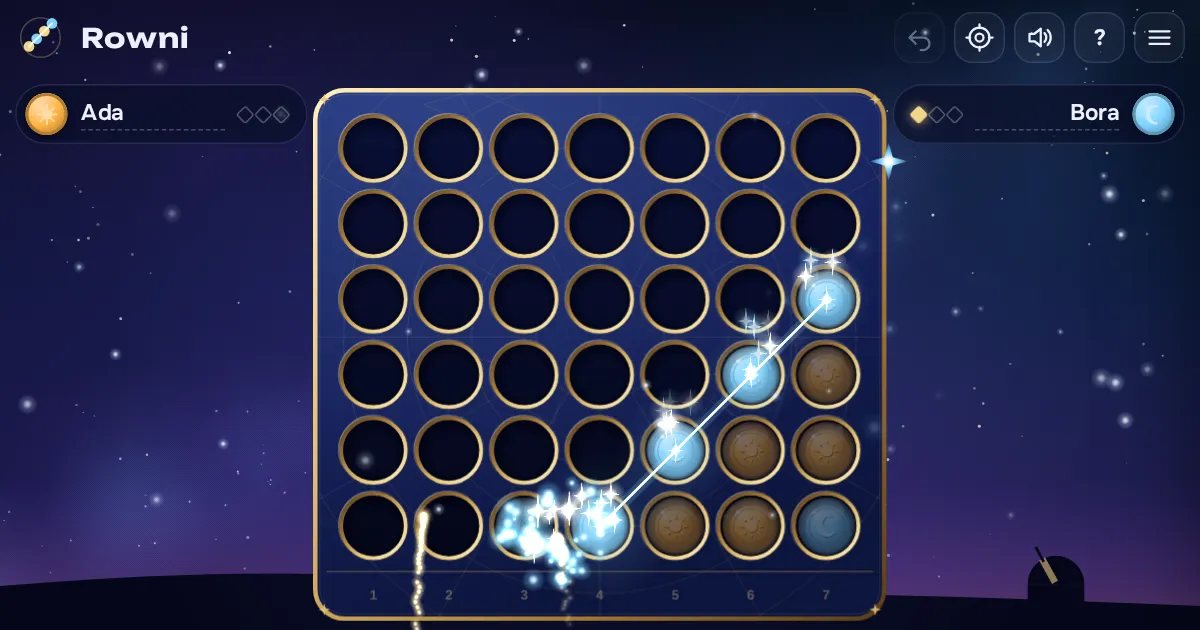A Rowni board at night: brass-ringed holes in a blue enamel board, sun and moon discs, and a winning line lit as a constellation