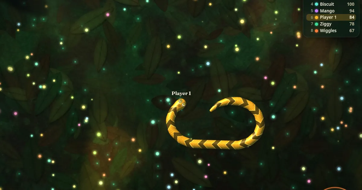 A golden snake among glowing fireflies in the dark clearing of Sarivo