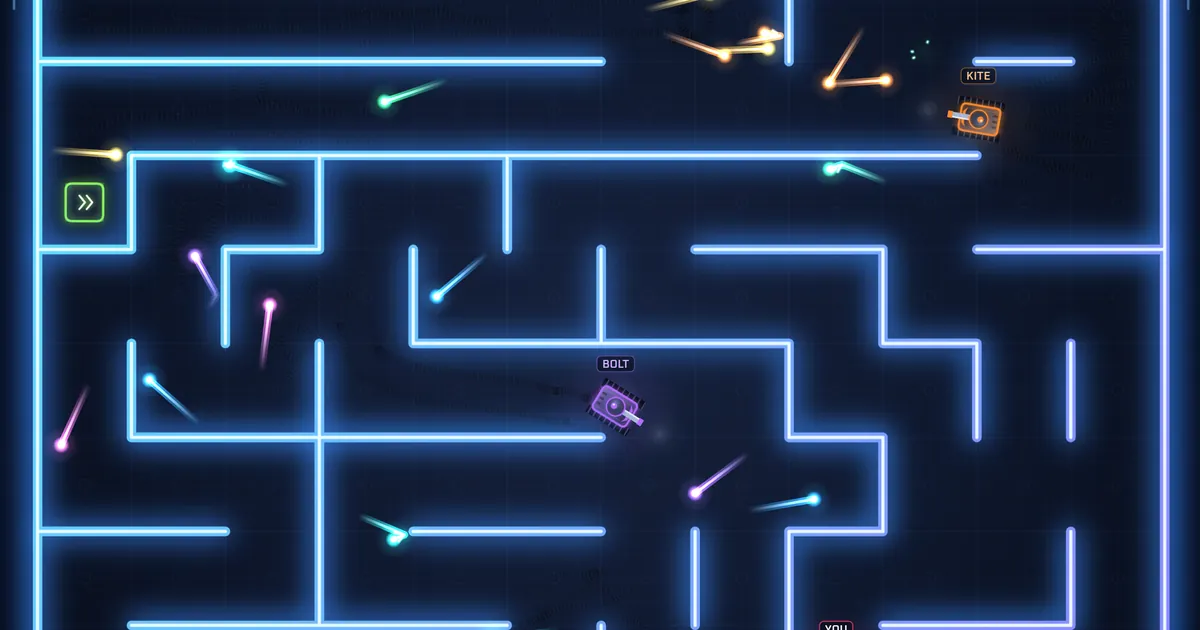 Neon tanks firing ricocheting shells in a glowing maze in Sekivo