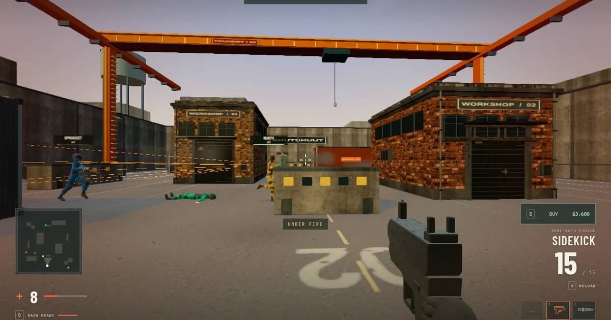 First-person view in a Shutshuut arena: a pistol, crates and an opponent ahead