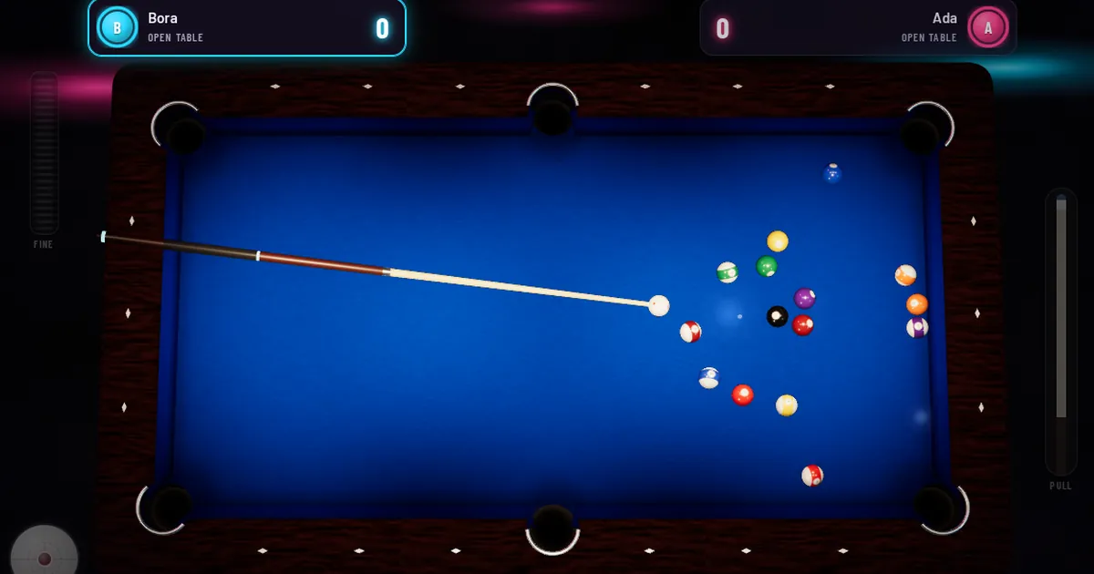 A Topivo pool table under neon light with the cue lined up on the cue ball
